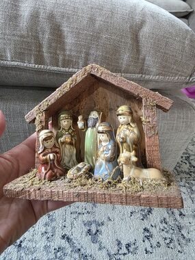 Vintage Mini Hand-Painted Porcelain Nativity Set Rustic Bark Stable